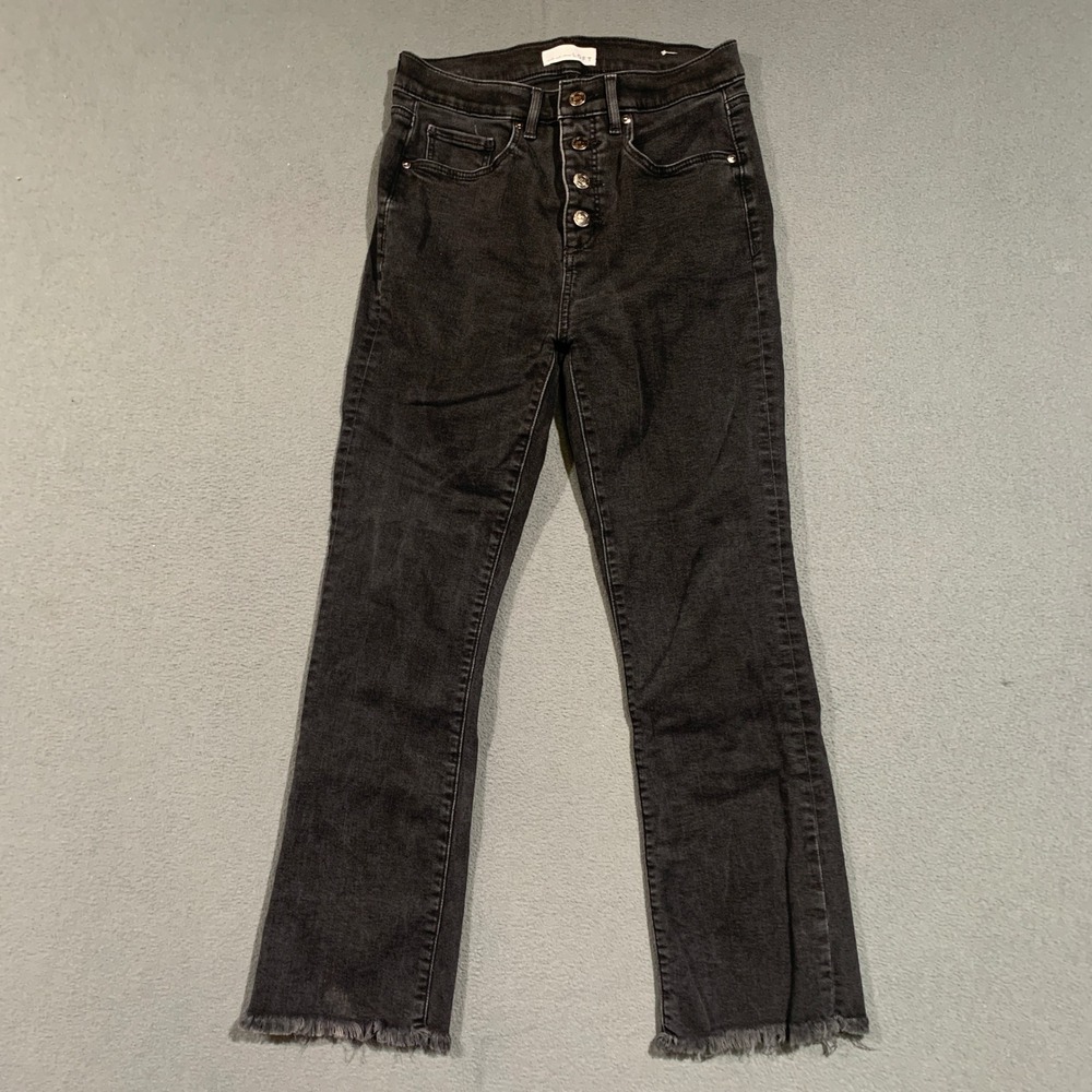 Grunge LOFT High Rise Flare Crop Jeans Washed Black Button Fly Raw Hem Size 28/6
